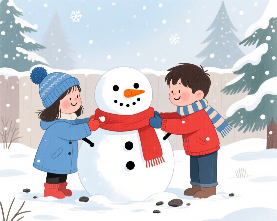 A heartwarming holiday moment: children building a snowman with a carrot nose and scarf.