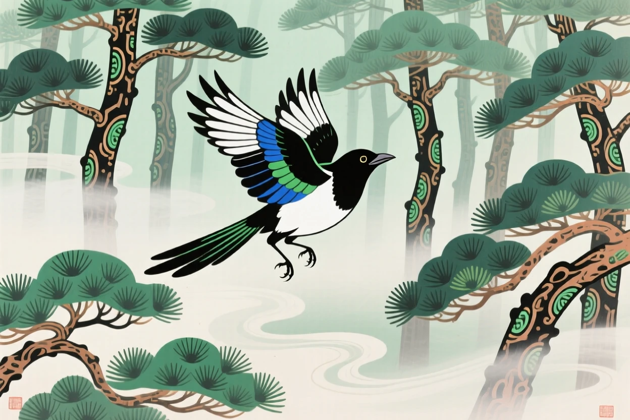 A magpie taking flight alone in a misty pine forest.