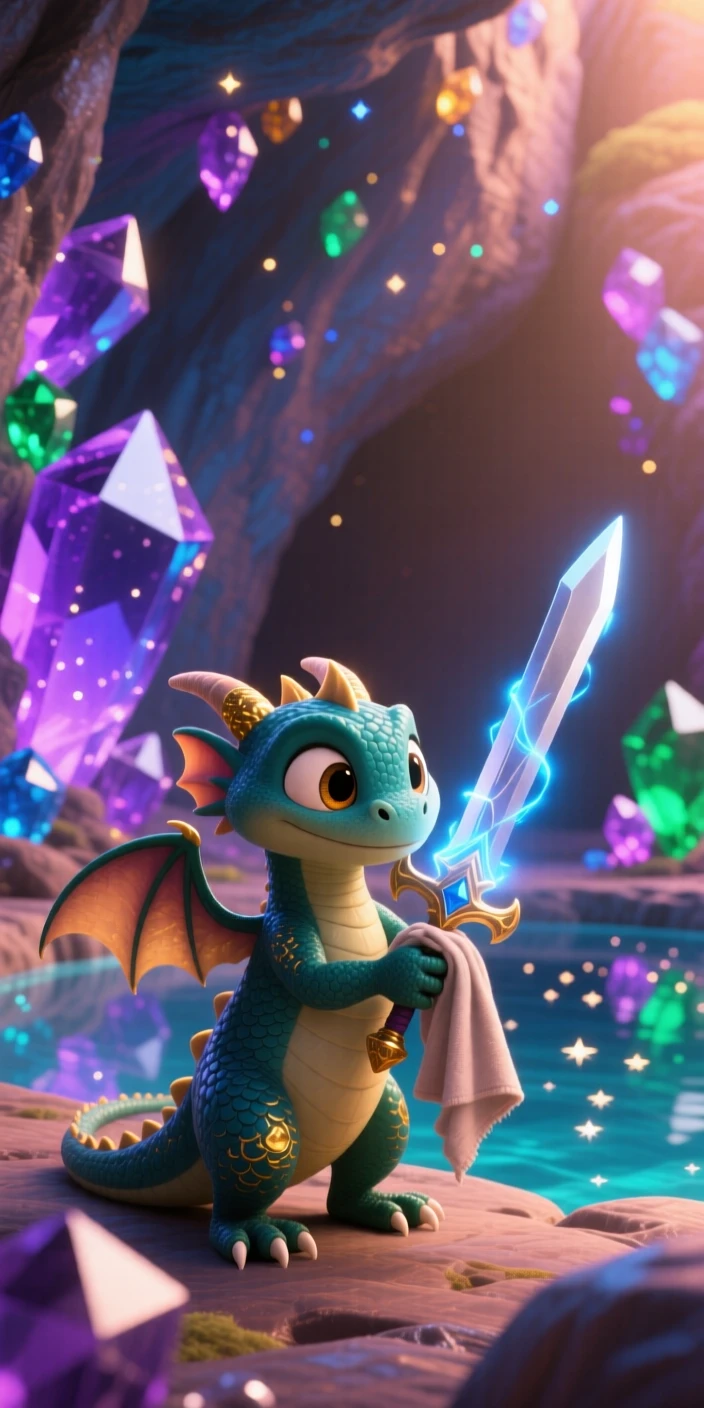 A small dragon hatchling stands inside a crystal cave lit by glowing gems, polishing a gleaming enchanted sword. The atmosphere feels mystical yet warmly inviting, with stars reflected in a nearby pool of water.
