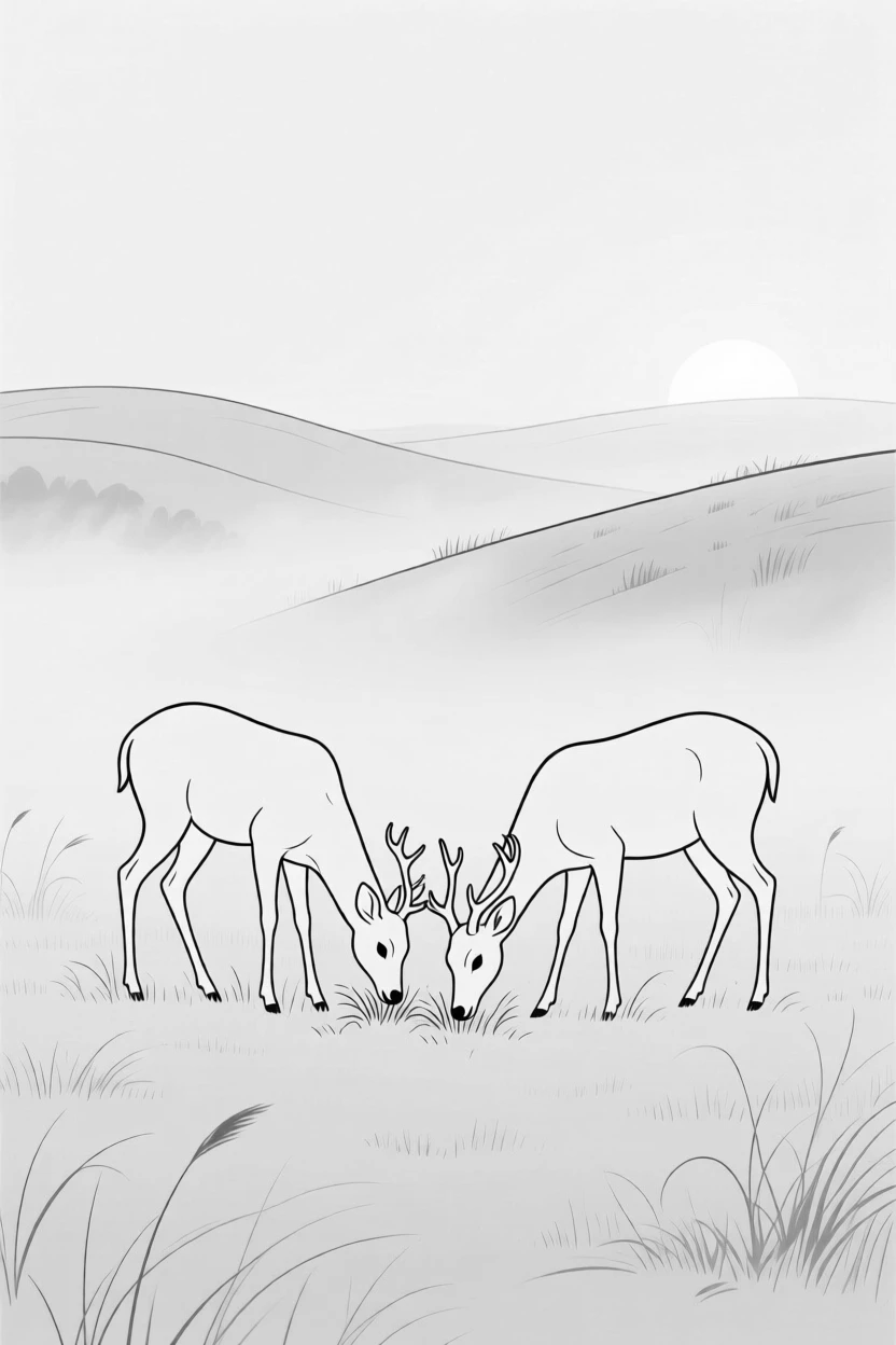 A pair of deer grazing in a misty meadow at dawn