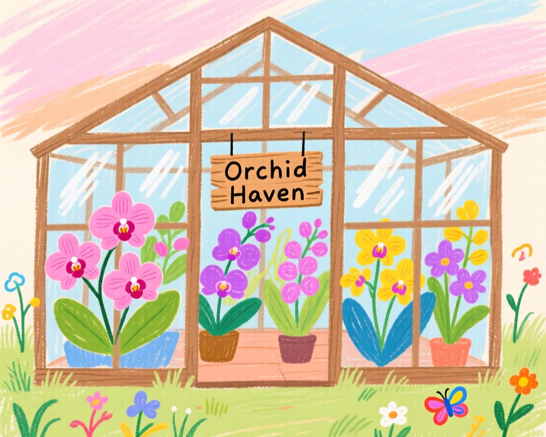 A view of a greenhouse full of orchids under a soft pastel morning sky.