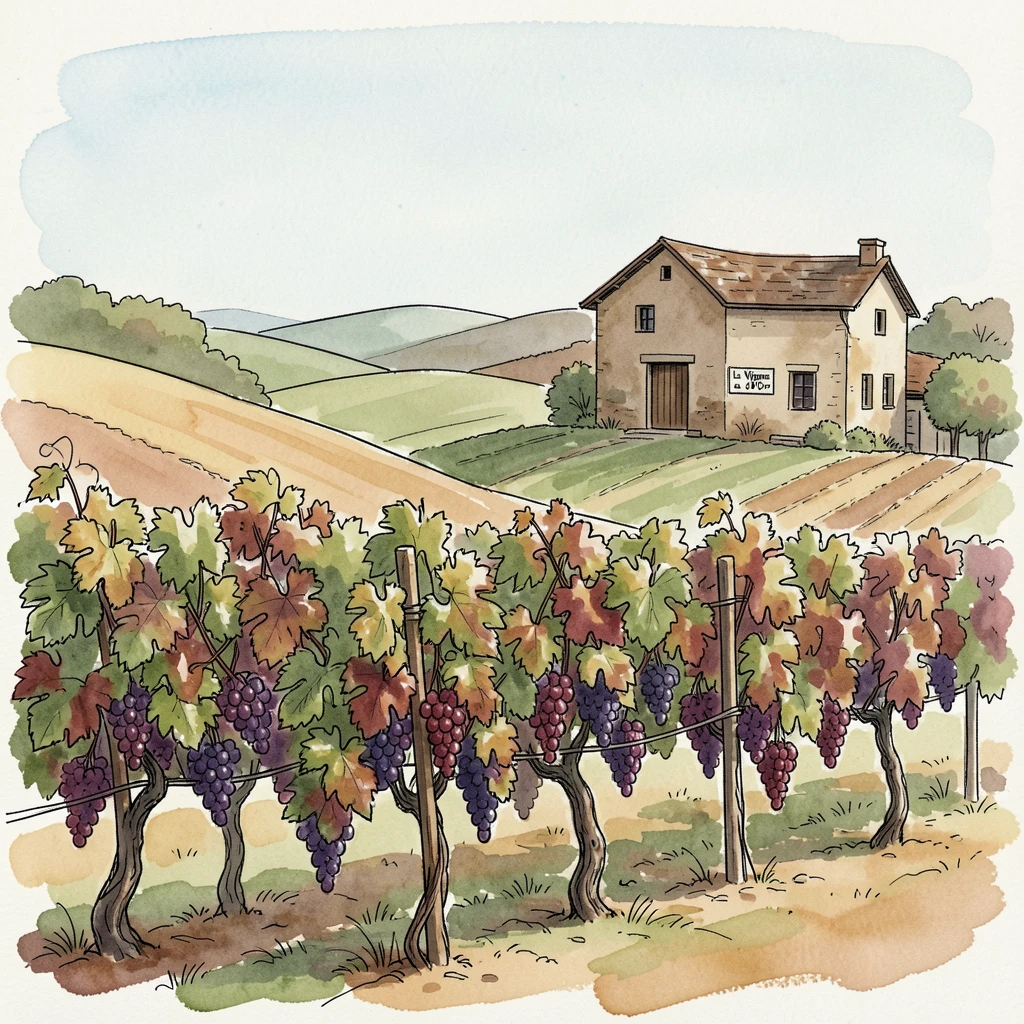 A rolling vineyard at harvest time, rows of ripe grapes curving over gentle hills toward a distant farmhouse