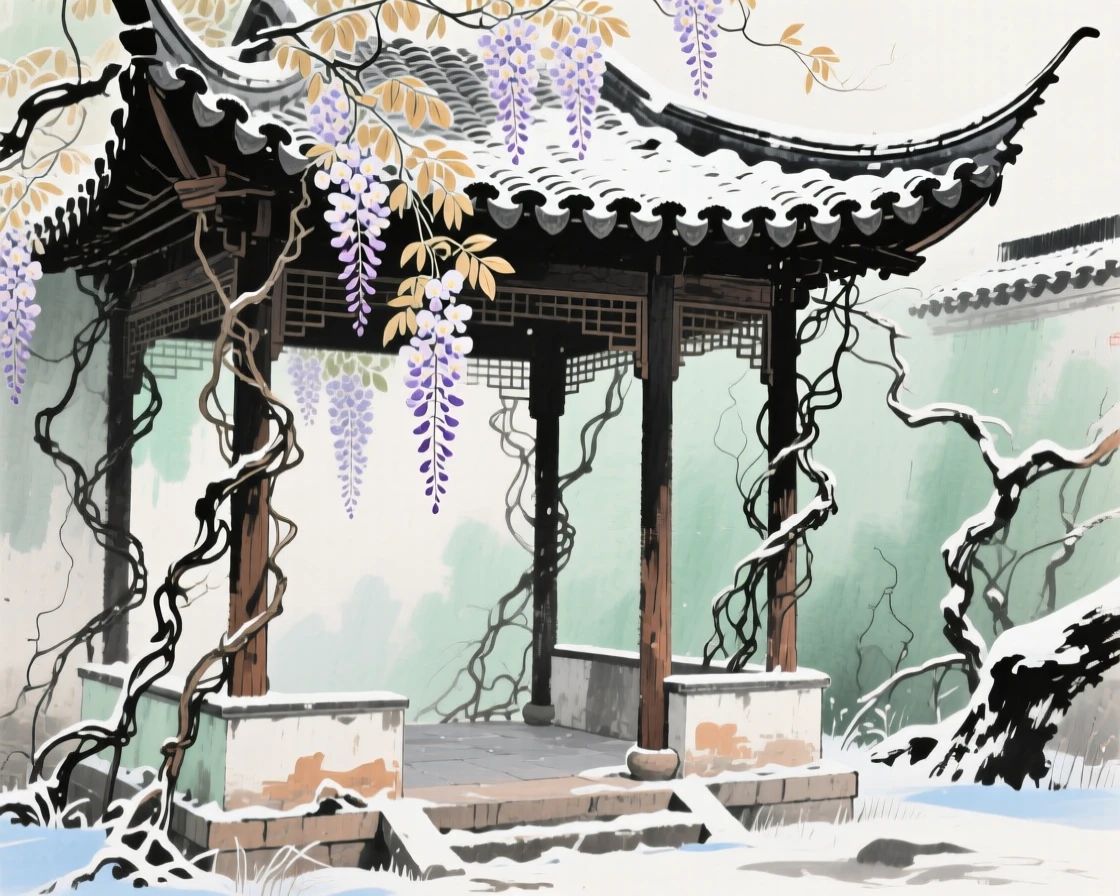 An abandoned garden pavilion reclaimed gently by wisteria vines, as winter frost settles.