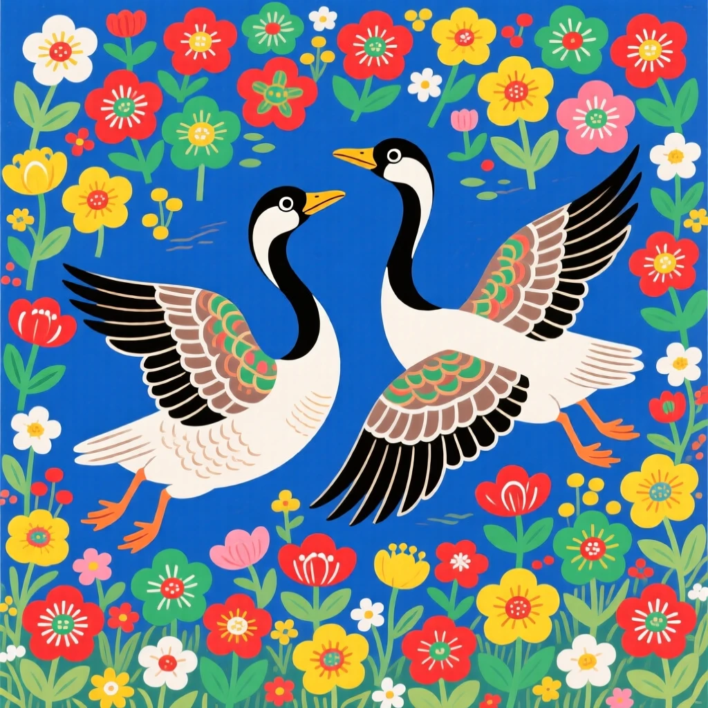 A pair of wild geese gliding together in a bed of wildflowers.