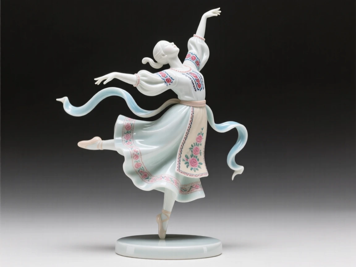 A graceful folk dancer caught in the middle of a soaring leap, captured at the peak of the motion.