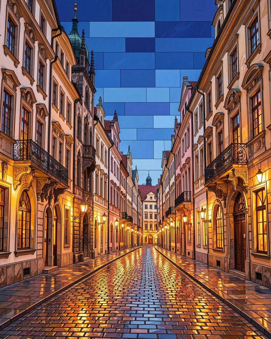 A breathtaking wide-angle view of a lantern-lit street in old town Prague at dusk, with rich warm lighting and fine architectural detail.