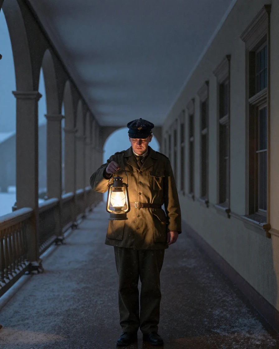 A night watchman making his rounds with a lantern, in cool blue twilight, amid gently falling snow, in the depths of winter, with muted olive and rust colors, framed symmetrically down a long corridor.