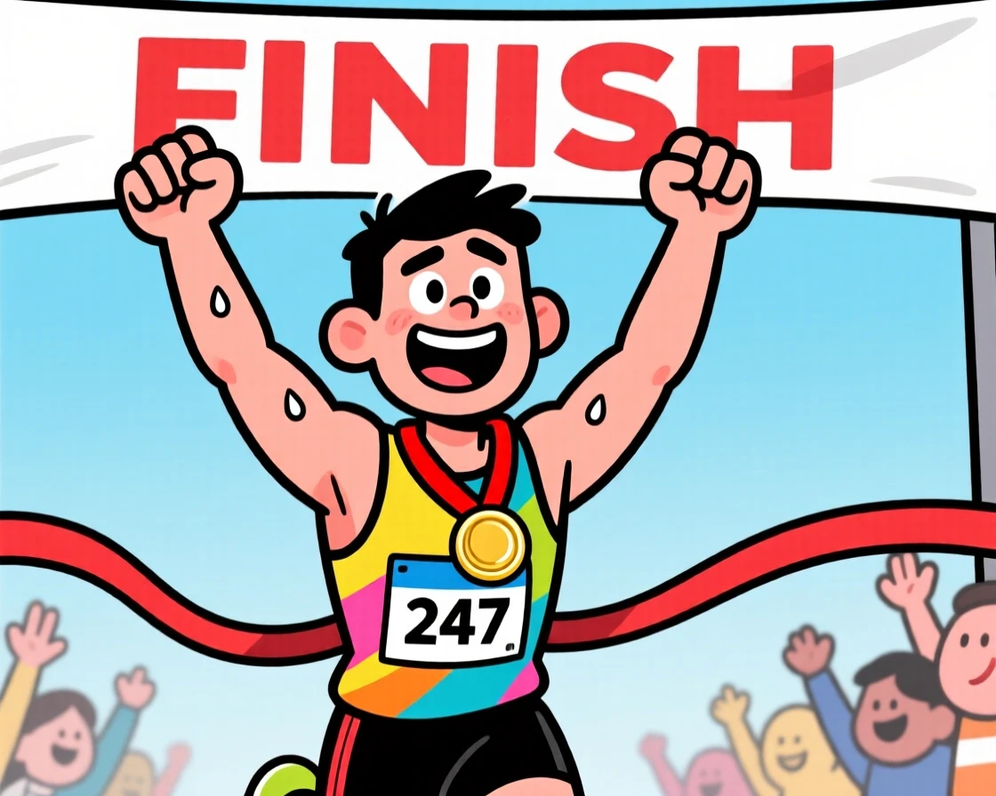 A charming portrait of a determined marathon runner crossing a finish line with arms raised, sweat on his brow and a medal already around his neck.