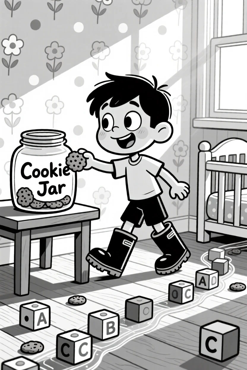 A little boy in oversized rain boots, trying to sneak an extra cookie from the jar, set in a sunlit nursery with pastel wallpaper. A trail of building blocks leads across the floor. There's a tender, nostalgic sweetness to the whole scene.
