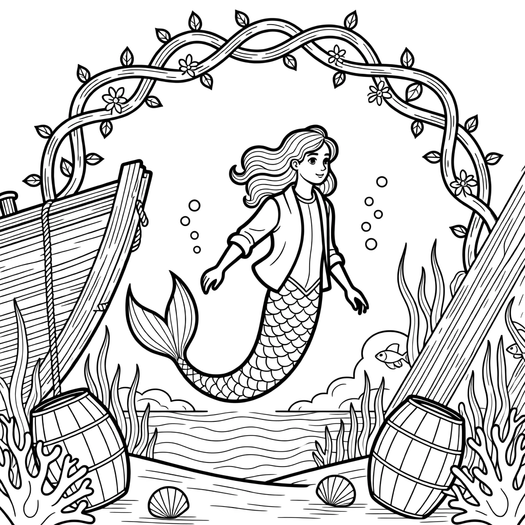 A merman gliding through a sunken shipwreck, with tangled thorns forming an archway above.