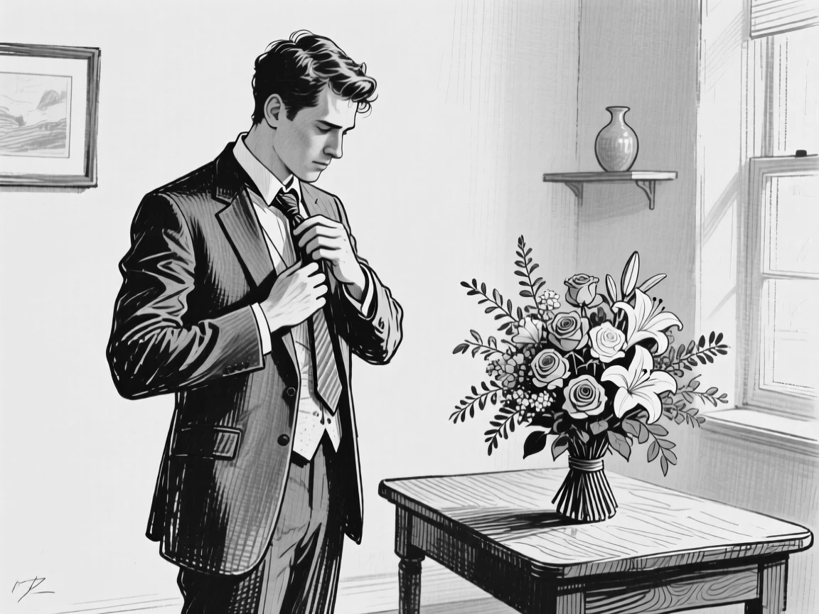 A groom tying his necktie in a quiet room, a bouquet of flowers resting on the table beside him.