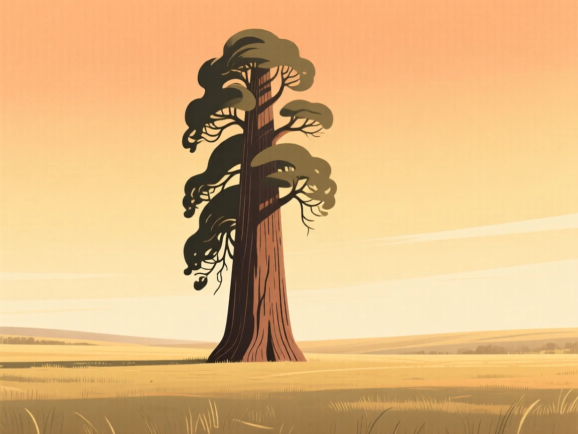 A towering giant sequoia standing alone in an open field under a golden morning sky.