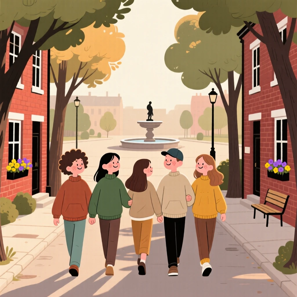 A group of friends link arms and walk down a tree-lined avenue lined with old brick buildings, heading toward the town square.