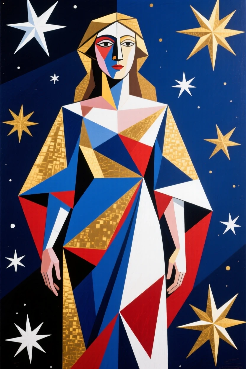 A celestial goddess draped in flowing robes standing among the stars.