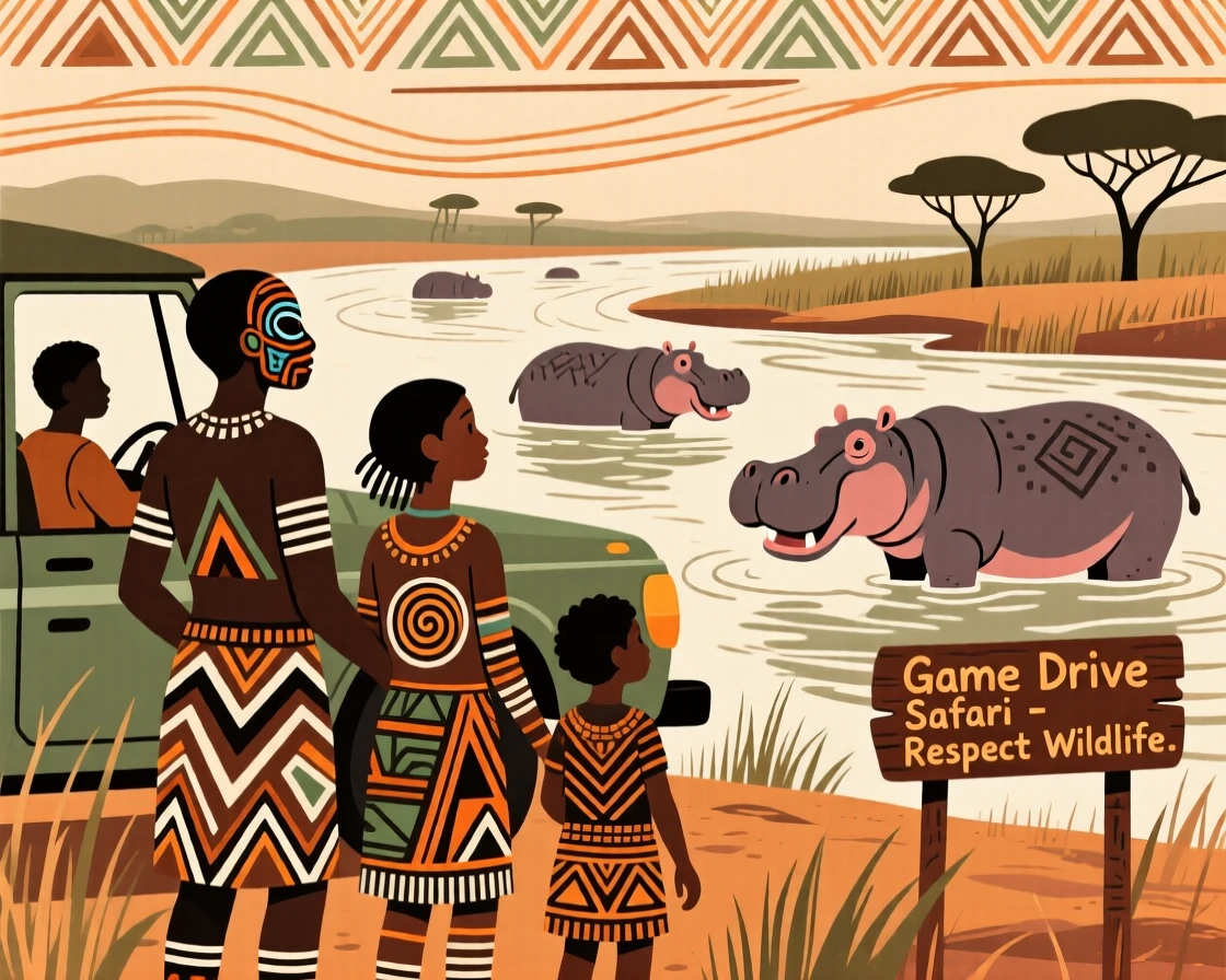 A family on a game drive pausing to watch a river full of hippos.