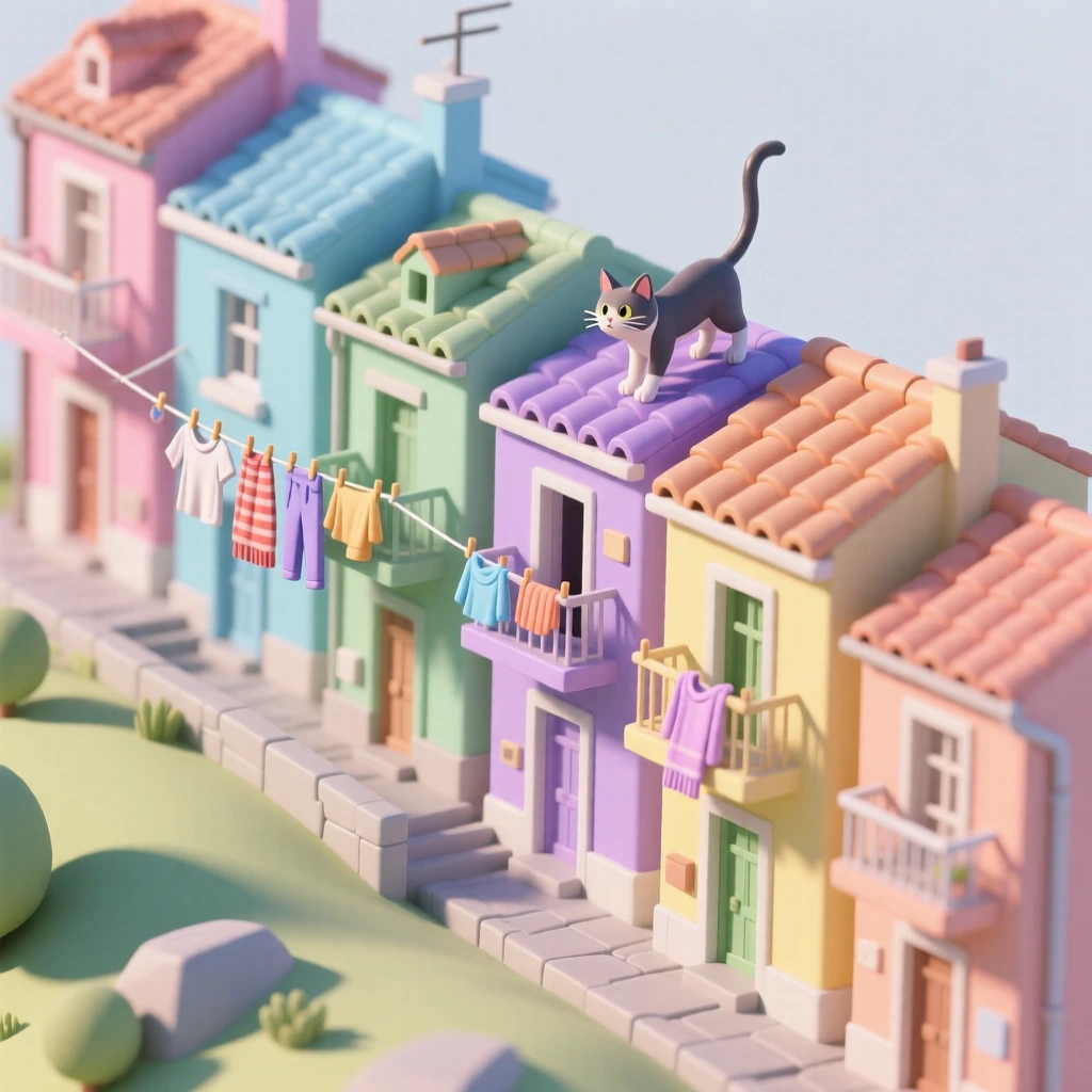 A colorful row of terraced townhouses in a hillside neighborhood, each painted a different pastel shade, with laundry lines strung between balconies and a cat weaving along the rooftops.
