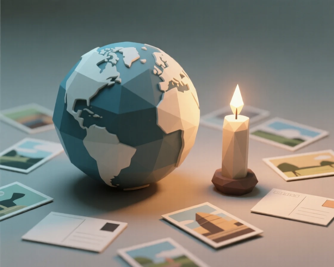 A globe surrounded by scattered travel postcards, in the soft glow of candlelight. a shallow depth of field isolates the main object. The scene feels nostalgic and quiet.