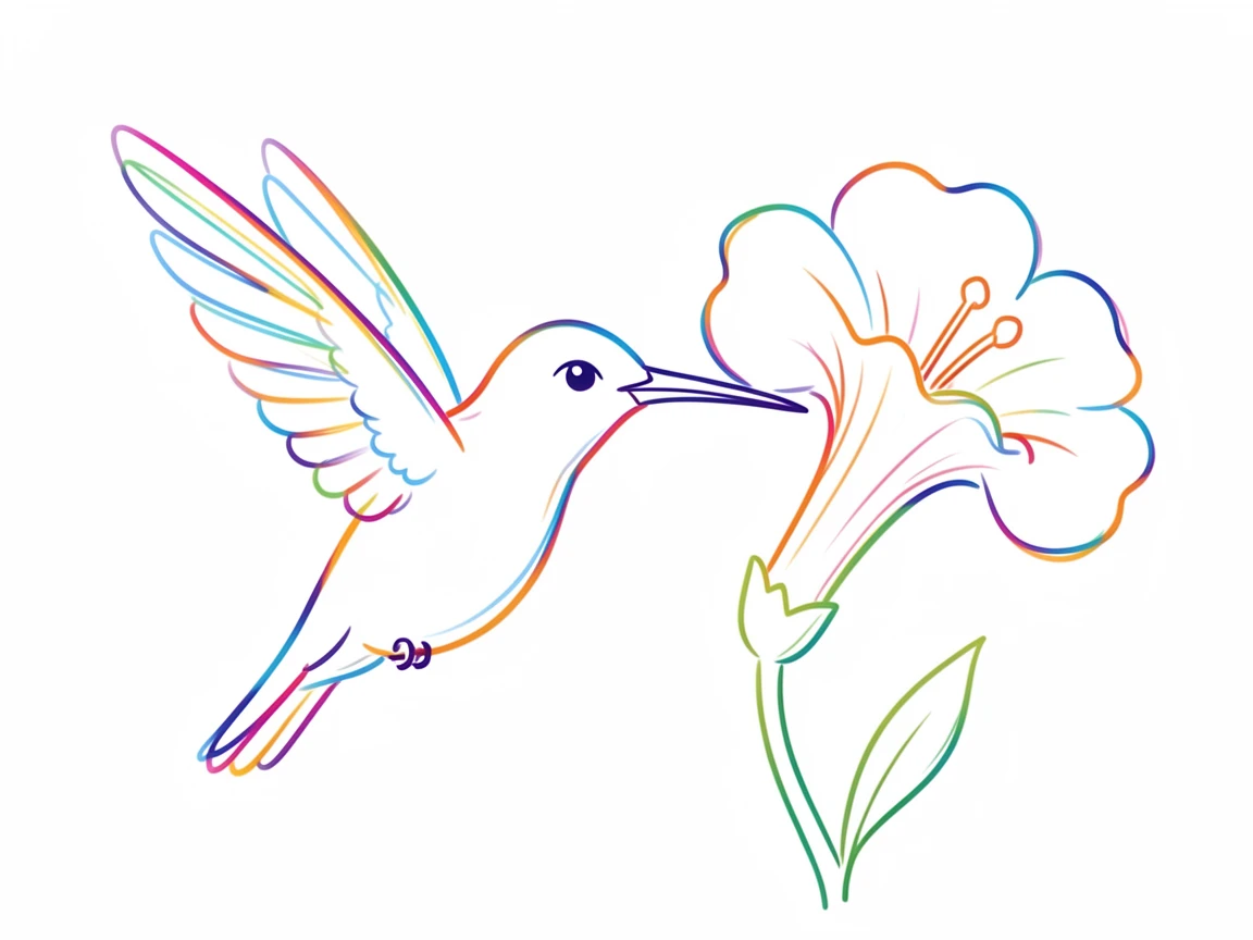 A hummingbird hovering beside a trumpet-shaped flower, wings a blur, long beak dipped toward the nectar.