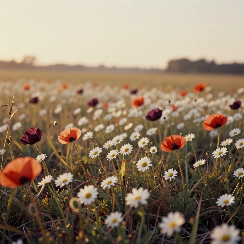 A wild meadow bursting with daisies and poppies, in warm morning light, as heat shimmers over the ground, in the depths of winter, with rich burgundy and gold accents, captured from a low angle looking up.
