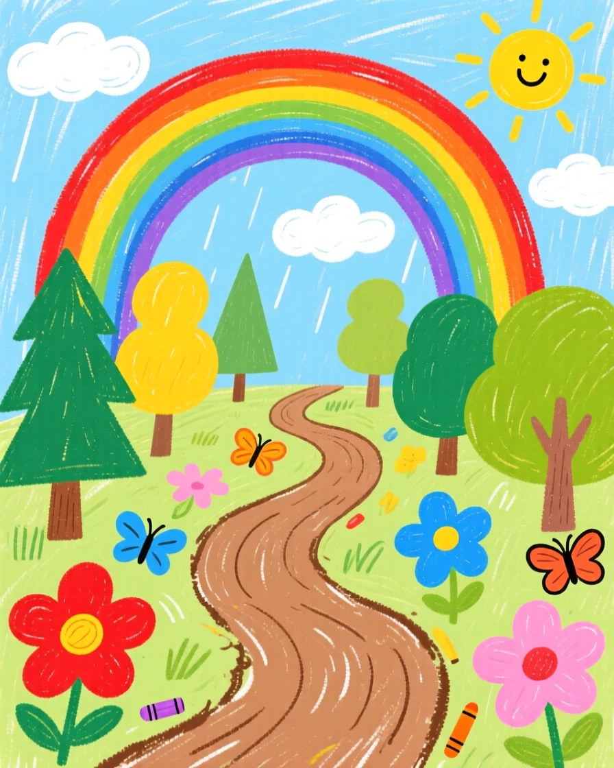 A winding forest trail under a brilliant double rainbow.