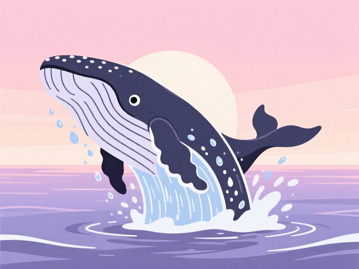 A humpback whale breaching with water cascading off its body, set against a soft pastel sunrise over the horizon, arranged in a balanced symmetrical composition, with a sense of playful curiosity captured perfectly.