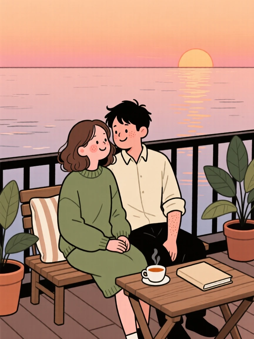 A couple shares a quiet moment on a rooftop terrace at sunset, leaning close together as the last light fades over the water surrounds them.