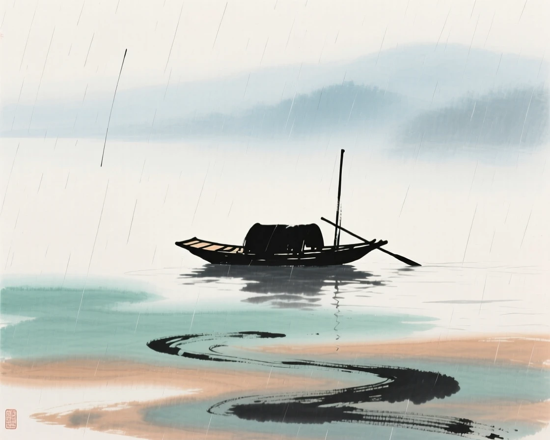 A single boat drifting alone on a vast, mist covered lake, touched with gentle melancholy, in a gentle drizzle.