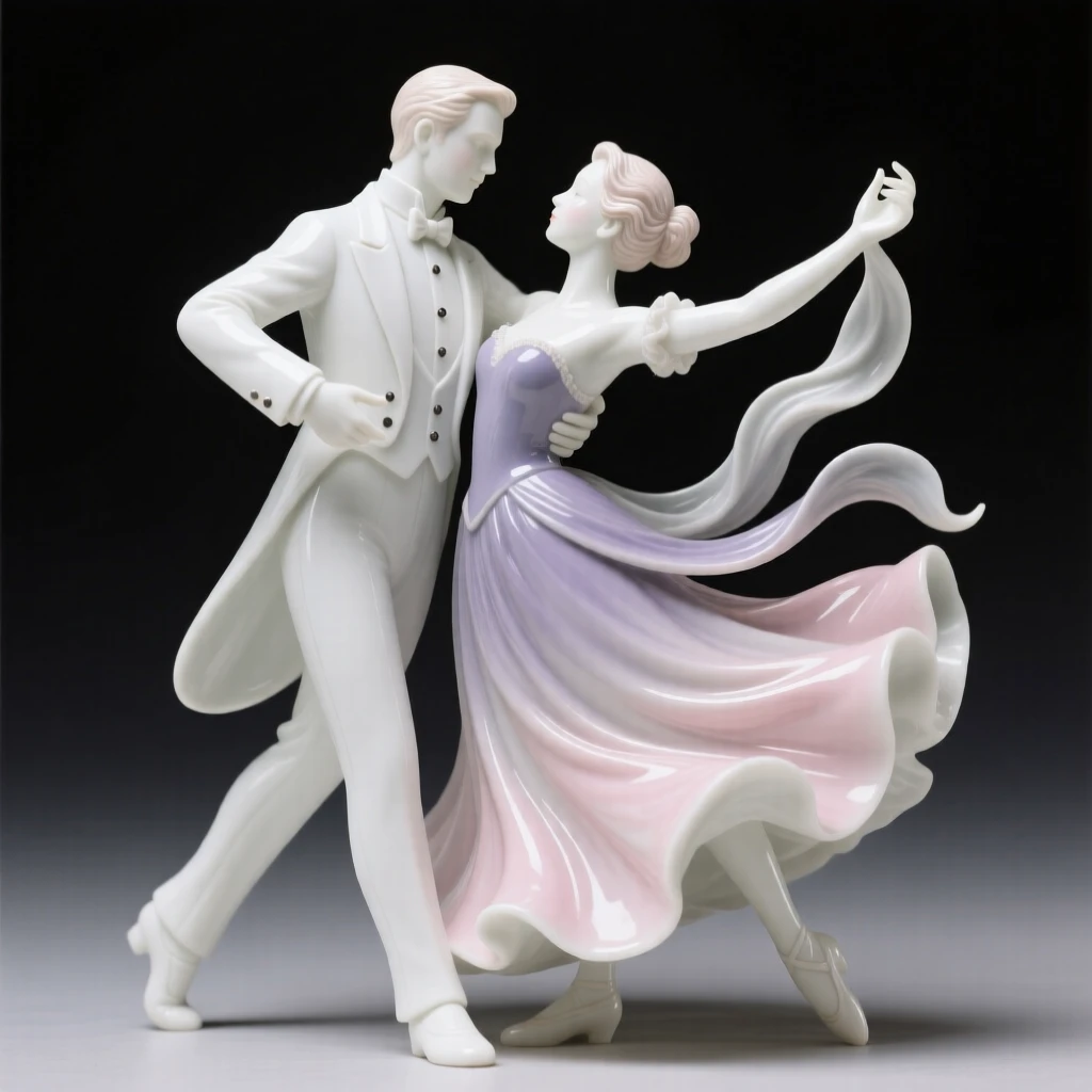 A graceful ballroom couple caught in the middle of a swirling spin, fabric flaring dramatically around the movement.