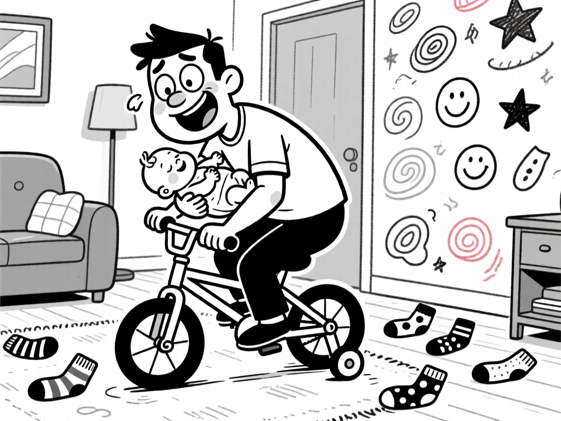 A tired but happy new dad cradling his newborn, wobbling on training wheels for the first time, set in a cozy living room with mismatched socks scattered on the floor. Crayon scribbles decorate the nearby wall. There's a tender, nostalgic sweetness to the whole scene.