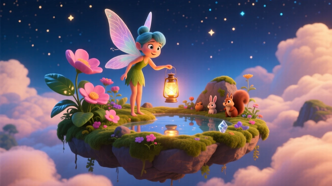 A curious fairy stands atop a floating island surrounded by clouds, lighting a lantern that hovers in the air. The mood is enchanting, hopeful, and dreamlike, with stars reflected in a nearby pool of water.