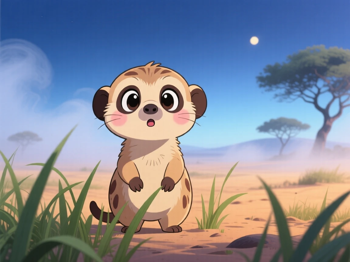 Symmetrical front-on view: a curious meerkat pup, standing on tiptoes to peer over tall grass, set against a warm sandy savanna on a misty foggy morning, with cool blue twilight glow and a mood of gentle surprise.