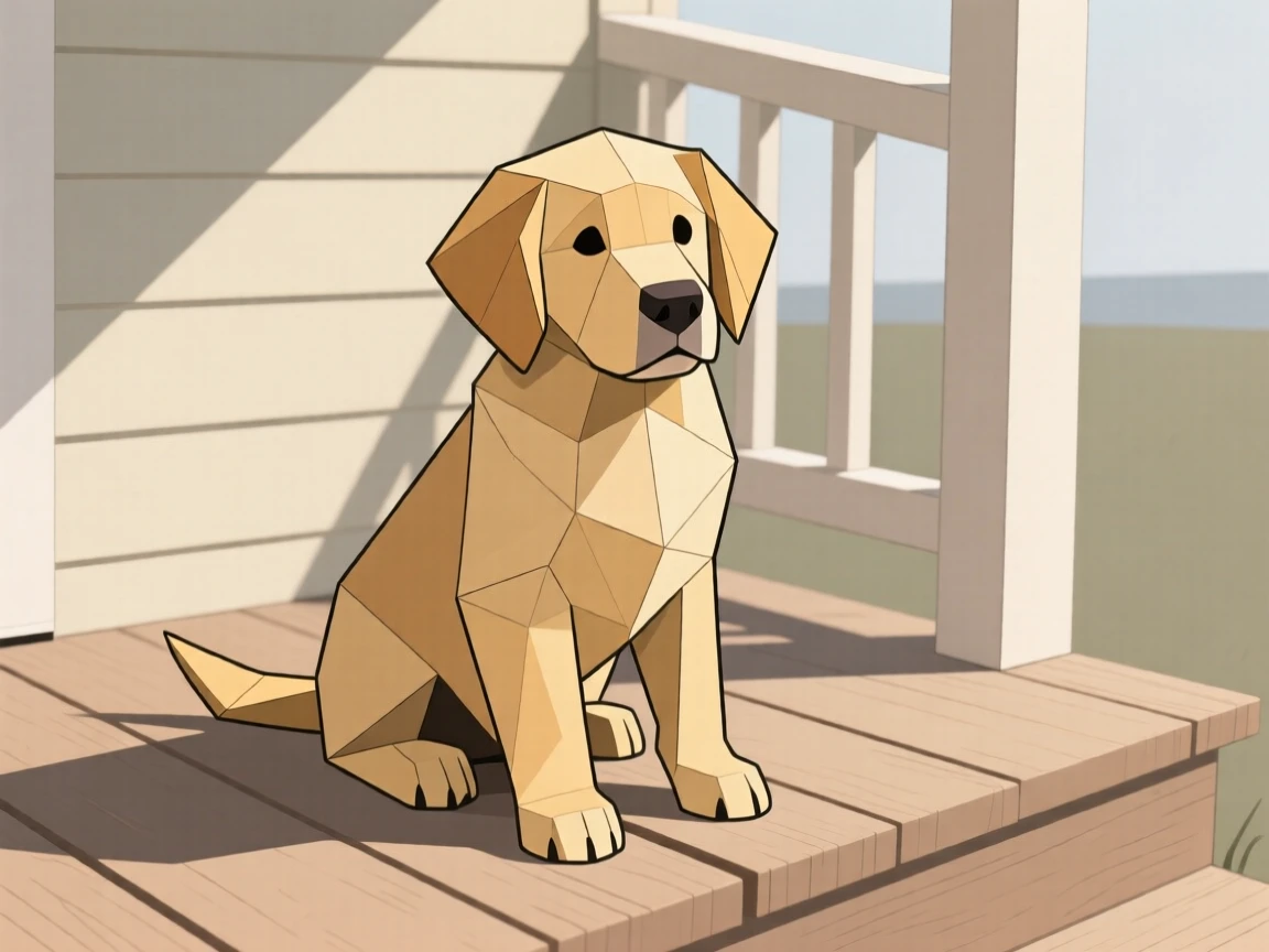 A golden retriever puppy sitting on a porch
