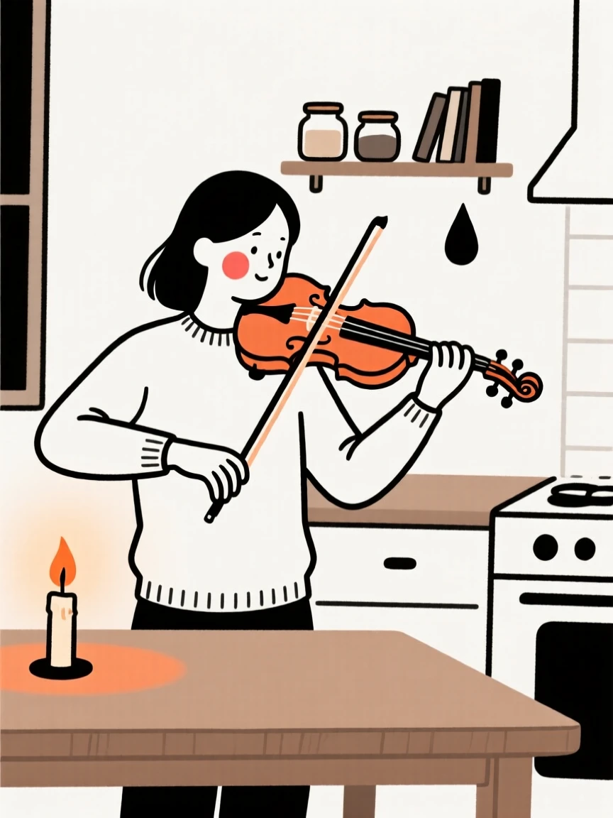 A violinist mid-performance in a cozy candlelit kitchen.