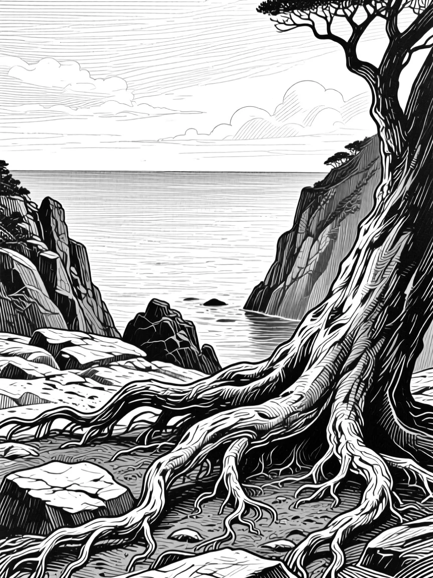 A hidden cove with the sea stretching out to meet the sky, with gnarled roots gripping the rocky soil, evoking an awe-inspiring in its scale atmosphere in a wide, balanced composition.