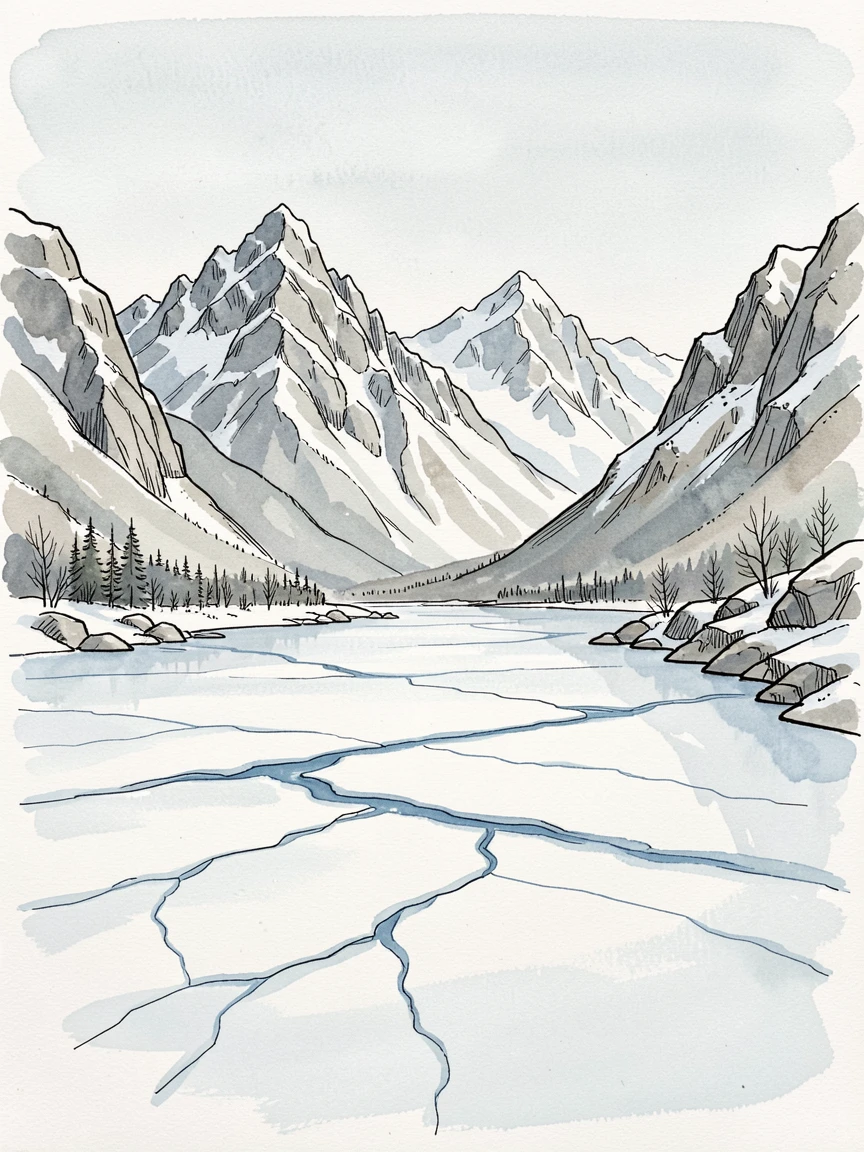 A frozen lake surrounded by snow-dusted mountains, cracks of blue ice visible beneath a thin layer of fresh snow