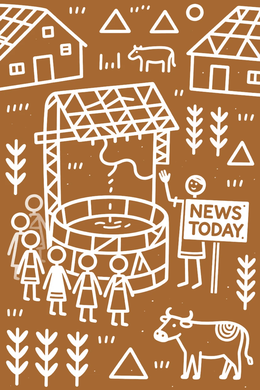 A schoolteacher sharing news of the day at the village well.