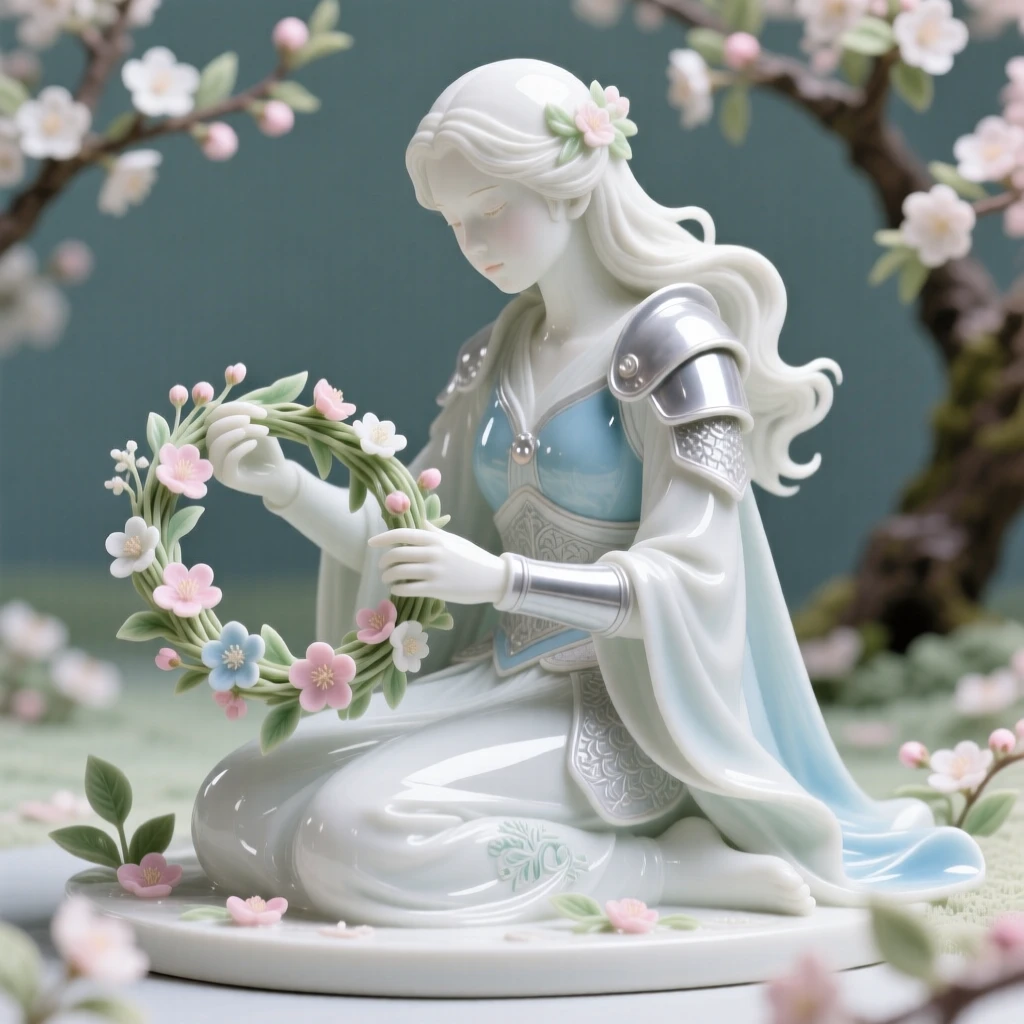 A young warrior maiden weaving a wreath of wildflowers, her gaze lowered in quiet grace, in a blooming orchard.