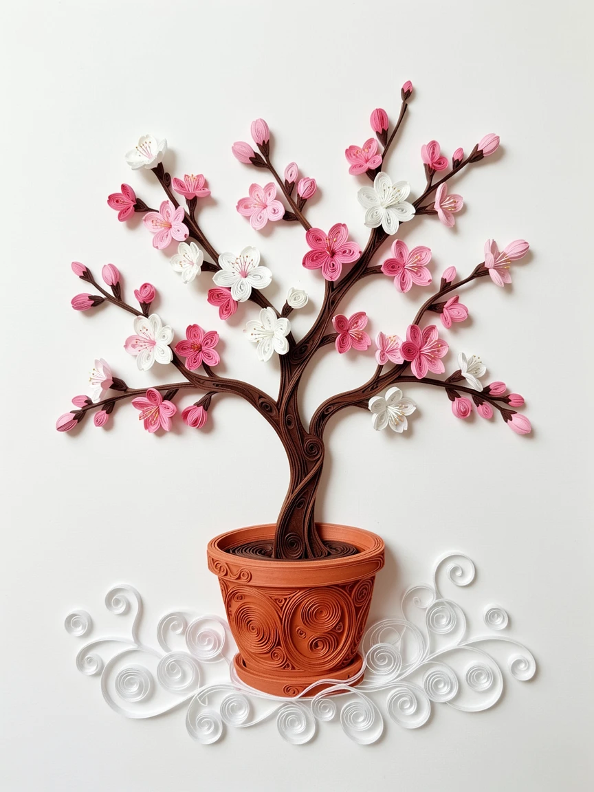 a branch of cherry blossoms in full bloom, in a terracotta pot on a sunny balcony, centered with generous negative space around it, under a light mist rising from the ground.