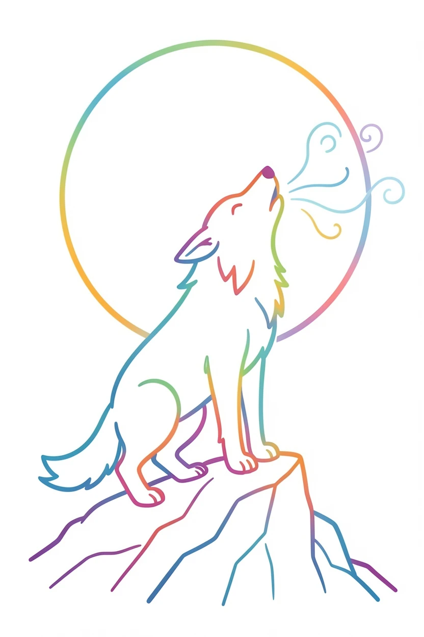 A wolf howling atop a rocky outcrop under a full moon, breath visible in the cold night air.