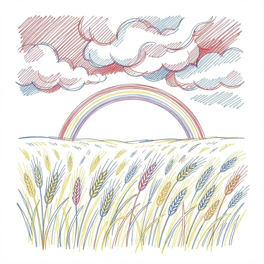 A vast wheat field swaying in the wind beneath a stormy sky with a rainbow arching over it