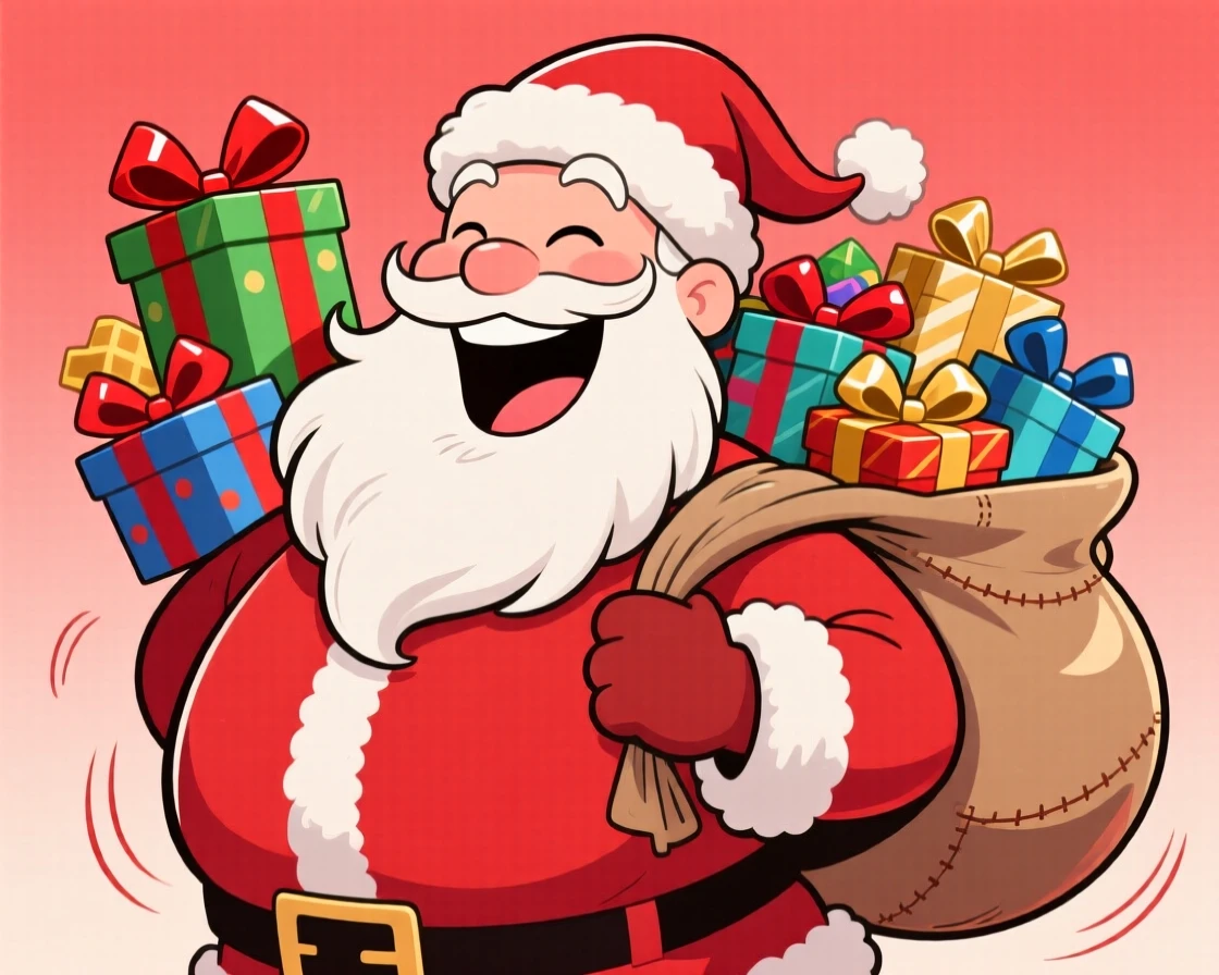 A charming portrait of a jovial Santa Claus laughing heartily, belly shaking, holding a sack overflowing with wrapped presents.
