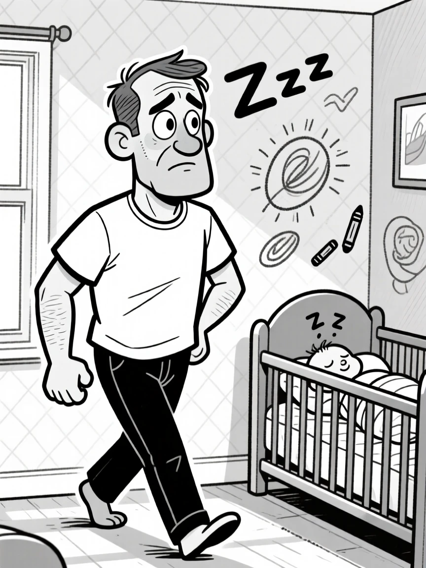 A dad with a receding hairline and a proud chest, tiptoeing quietly so as not to wake the baby, set in a sunlit nursery with pastel wallpaper. Crayon scribbles decorate the nearby wall. It's a small, ordinary moment that feels quietly precious.