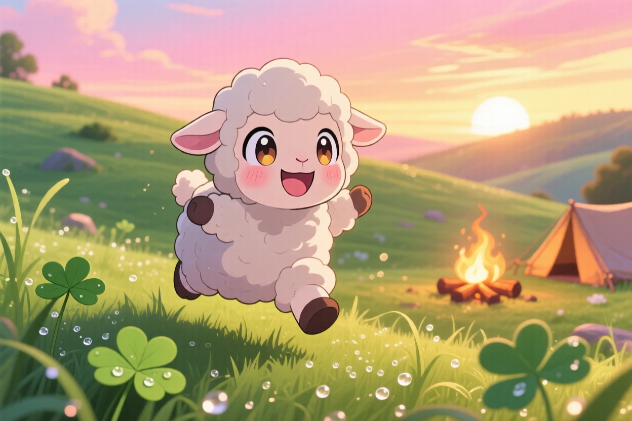 A fluffy lamb hopping between patches of clover in a pastoral hillside at sunrise as morning dew glistens on the grass; cozy firelight washes over the scene as bubbly enthusiasm fills the moment. Full-body shot.
