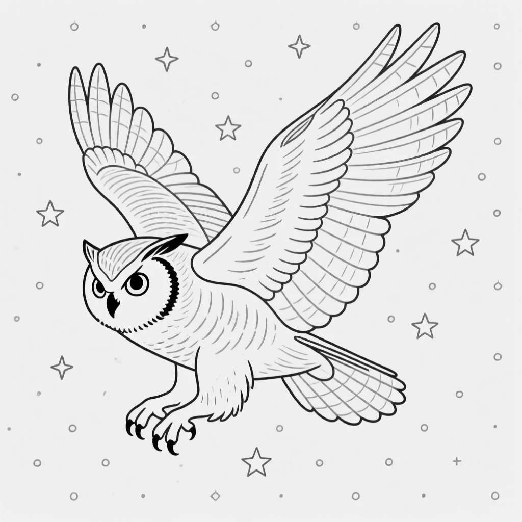 A great horned owl in flight against a starry sky