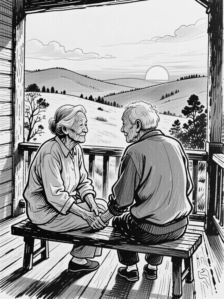 An elderly couple holding hands while sitting together on a porch, watching the sunset over distant hills.