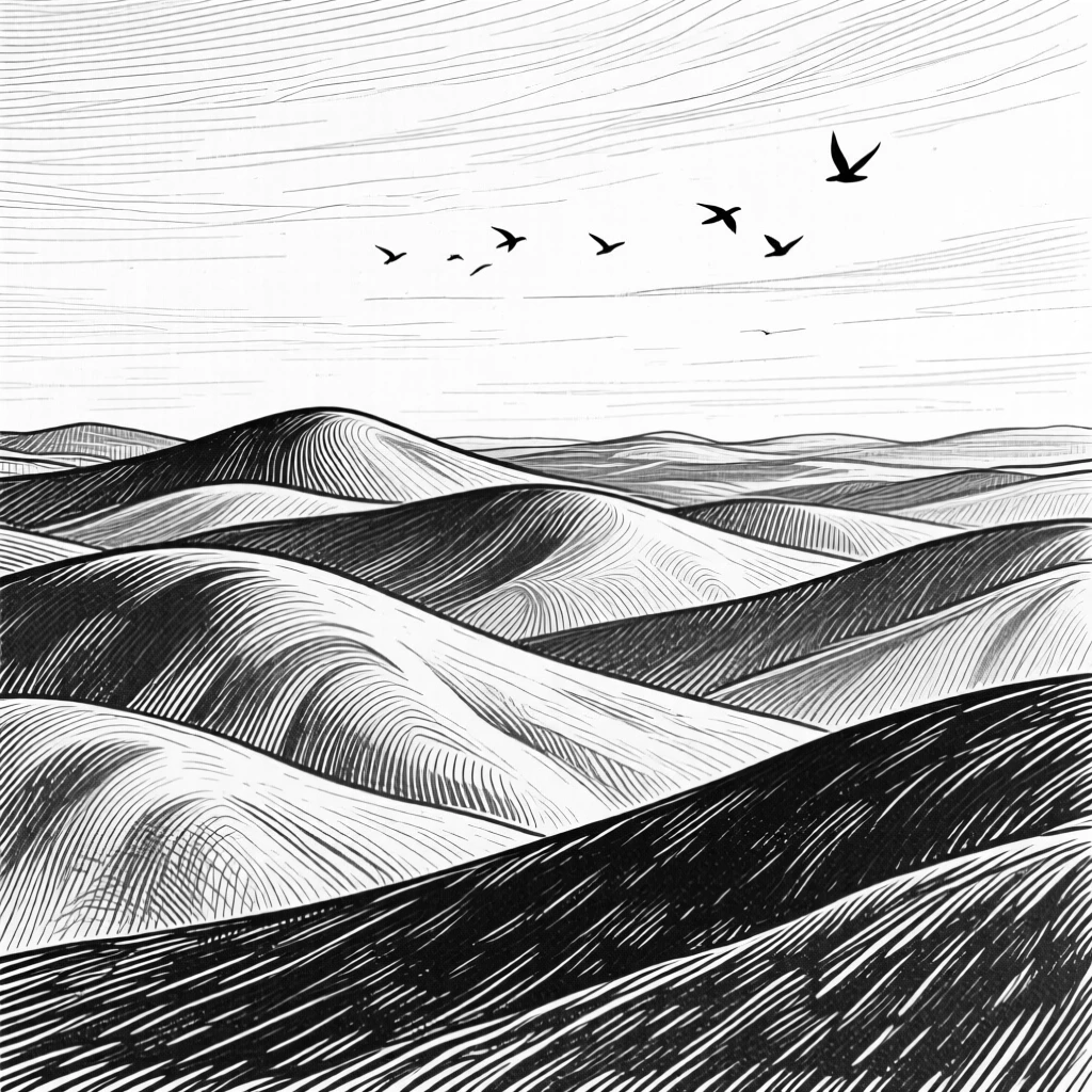 A chain of rolling hills under the soft glow of early morning light, with birds circling lazily overhead, evoking a quietly majestic atmosphere in a wide, balanced composition.