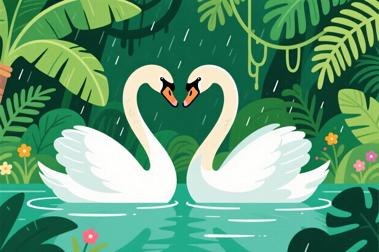 A pair of swans forming a heart shape with their necks, set against a lush green rainforest backdrop, captured mid-motion with a dynamic diagonal composition, with a sense of playful curiosity captured perfectly.