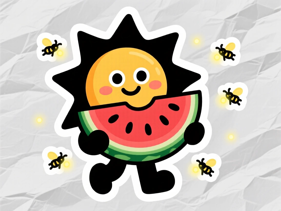 A determined cheerful sun mascot holding a slice of watermelon bigger than its head, surrounded by softly glowing fireflies.