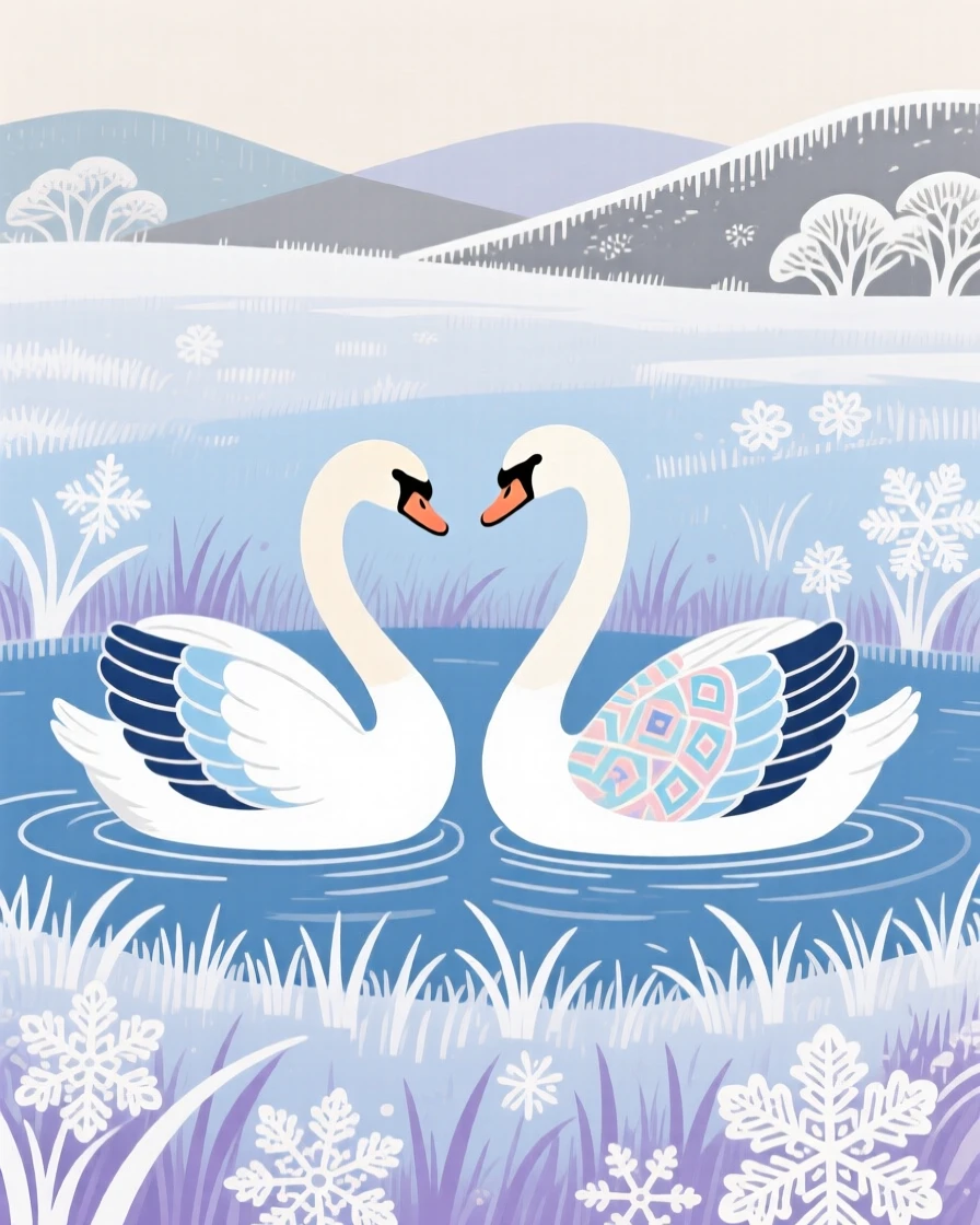 A pair of swans gliding together in a frost-covered meadow.