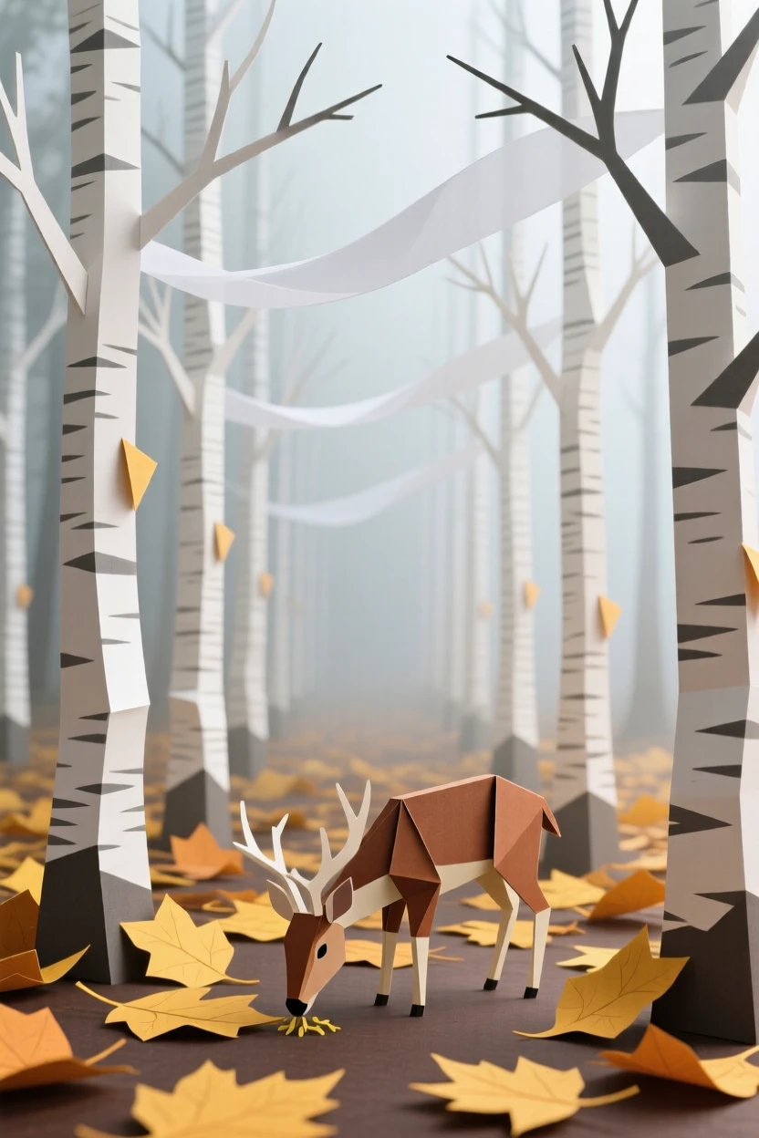 A peaceful birch forest in early morning fog, white bark trees standing in neat rows, a deer grazing quietly among fallen golden leaves, evoking mystery and gentle solitude.